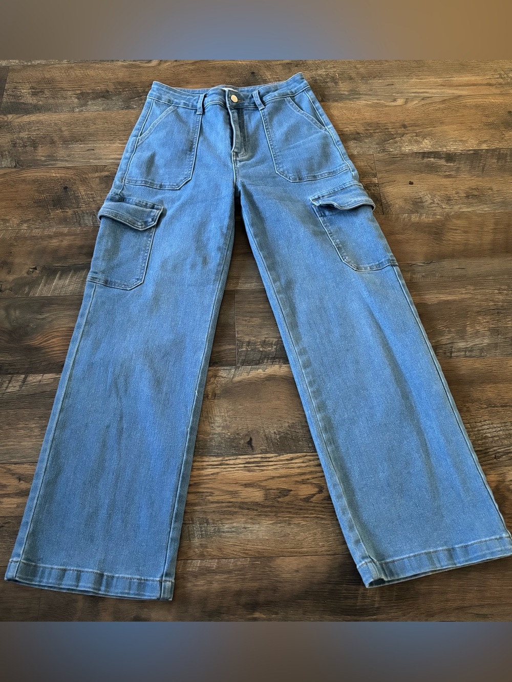 Wide Leg Light Blue Cargo Denim Jeans for Women
